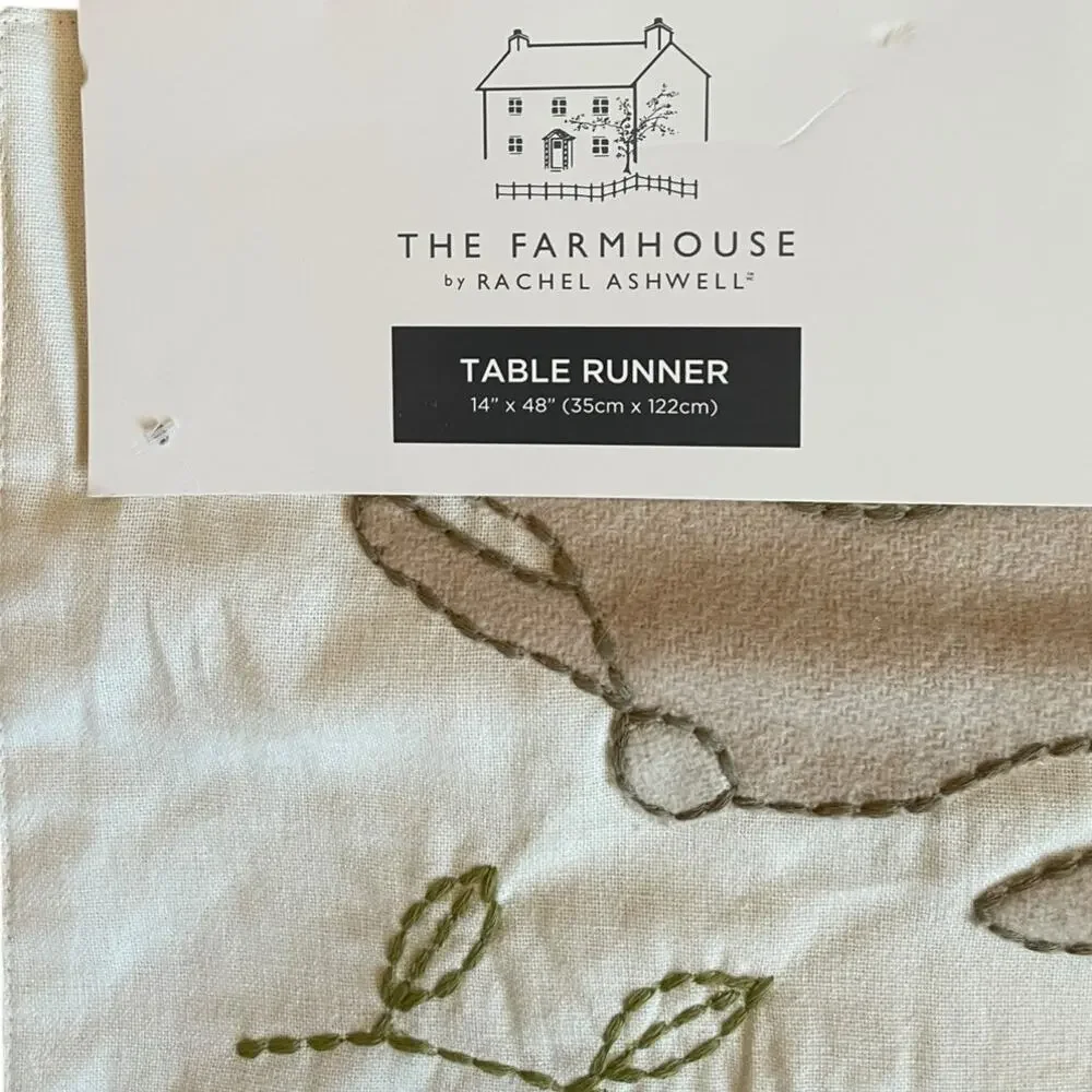 The Farmhouse Easter Bunny Rabbit Table Runner 14x48 Beige Embroidered New